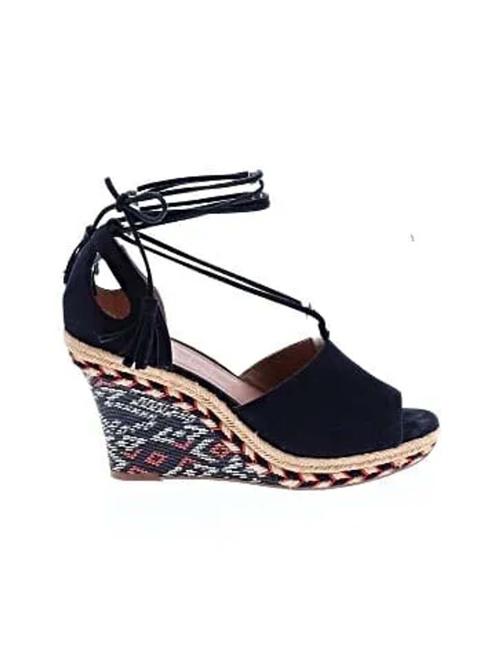 Cabi Isla Navy Suede Peep Toe Tassel Tie Espadrille Wedges
